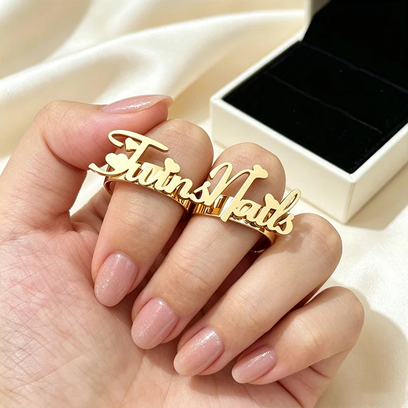 Custom Double Finger Rings To Customize steel Personalized Name Ring Jewellery For Woman Men Customized Stainless Steel Jewelry