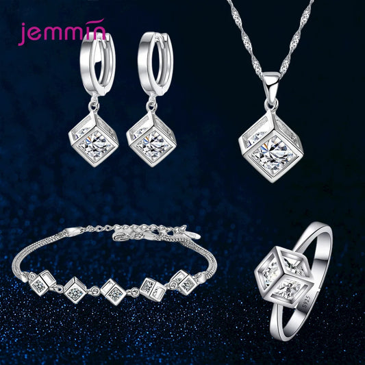 Fashion 925 Silver Jewelry Sets For Ladies Wonderful Engagement Party Pendant Necklace Hoop Earring Bracelet Ring