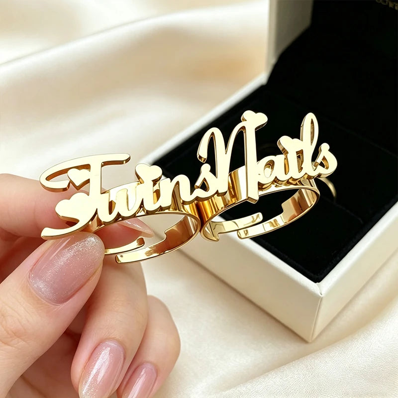 Custom Double Finger Rings To Customize steel Personalized Name Ring Jewellery For Woman Men Customized Stainless Steel Jewelry